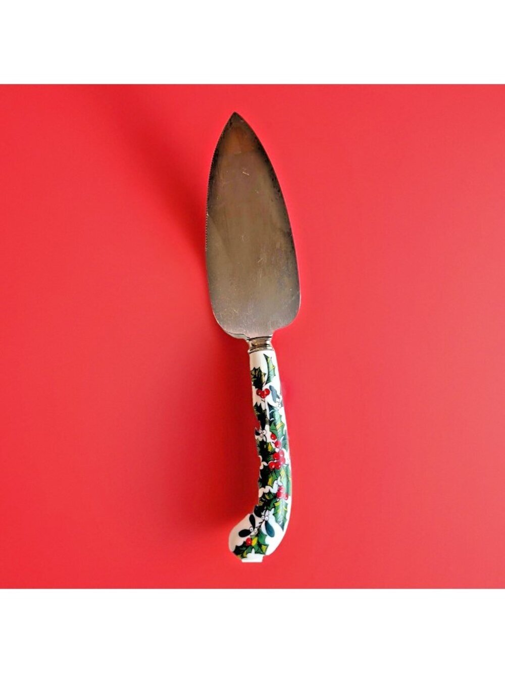 Prill Sheffield Cake Pie Server Porcelain Handle Holly Berries Stainless Steel